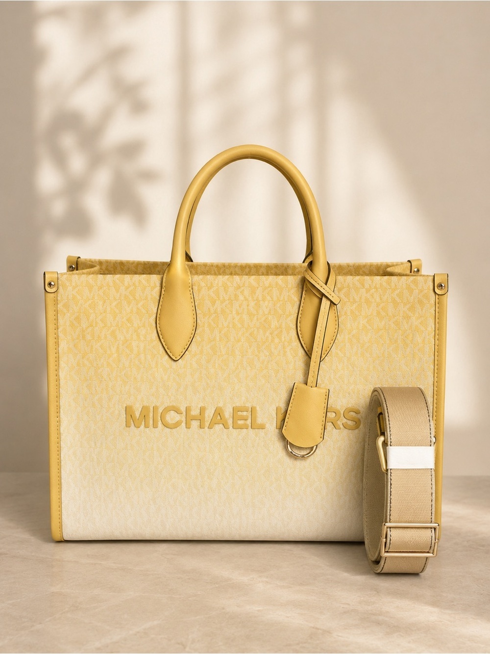 Michael Kors Mirella Medium East West Tote Daisy Yellow MK Signature Crossbody - Picture 1 of 12
